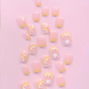 24 Pcs False Nails, lemon design press on nails